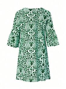 EMERY ROSE Women's Fashion Print Ruffle Sleeve V-Neck Dress - Dark Green - View 2