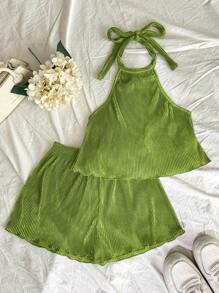 SHEIN Unity Women's 2pcs Solid Color Halter Top & Mini Skirt Set, Fashionable For Summer - Green - View 3