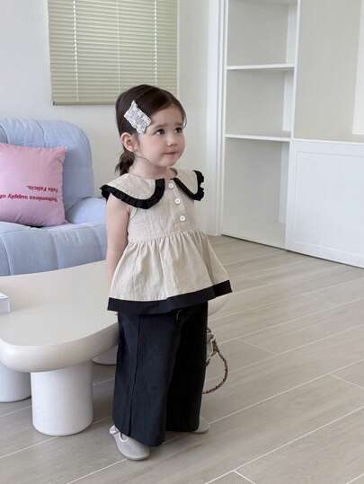 SHEIN Playful Pals 2pcs/Set Baby Girl Infant Toddler 0-3Y Casual Cotton Ruffled Collar Sleeveless Shirt Top And Wide Leg Pants Set Outfits Girl Baby Cute Baby Clothes Girl Toddler Clothes Girl Toddler Girl Clothes Linen Casual Baby Girl Clothes
