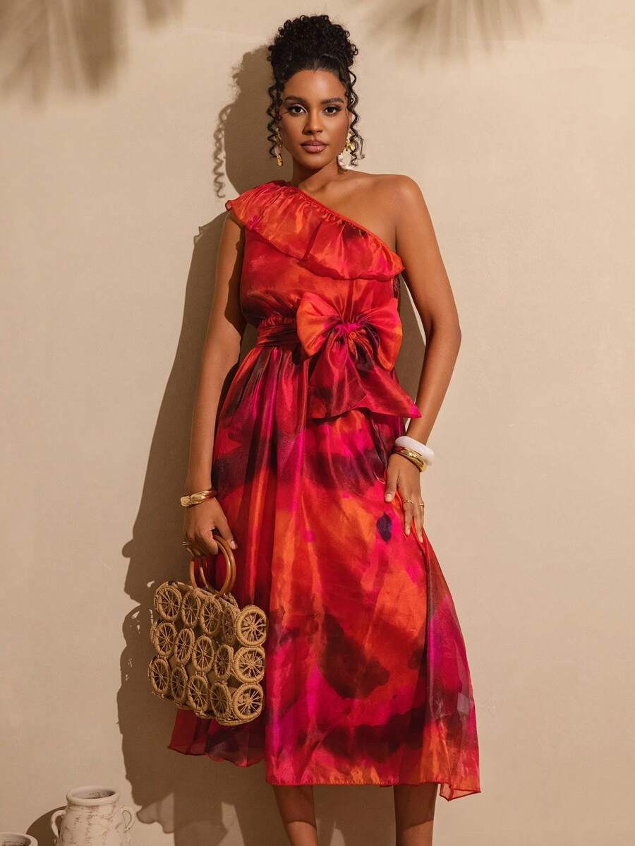 Vesra Váy nữ thanh lịch một vai xếp nếp in họa tiết nhuộm loang Organza - Đỏ - Xem 1