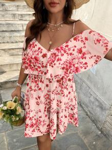SHEIN VCAY Plus Size Bloemenprint Strappy Open Schouder Korte Mouw Jurk, Voor Vakantie