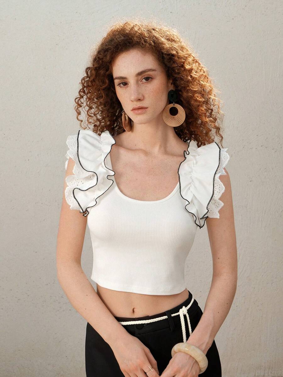 SHEIN MOD Weißes T-Shirt mit Rüschen für Feiertage, Vintage T-Shirt, Lässig T-Shirt, elegantes T-Shirt, T-Shirt im Feiertags-Stil, Bohemien-Stil Frauenmode, T-Shirt für Ausgehen - Weiss - Übersicht 1