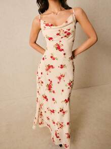 女士优雅满花印花超长吊带裙 - 粉色 - 查看 3