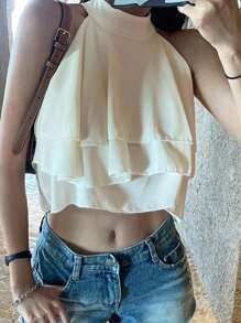 DAZY 女士雪纺露背吊带无袖度假上衣，荷叶边