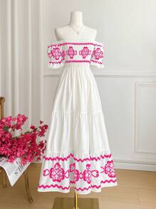 SHEIN VCAY Women's Floral Print Elegant Off Shoulder Dress For Holiday,Summer Dresses For Women,Vacation Style - Hot Pink - View 1