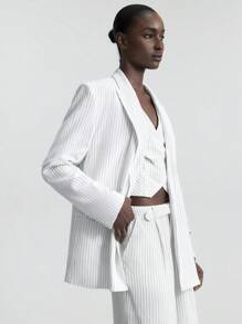 Ontre 2025 新款时尚休闲条纹西装外套，节日风格条纹白色亚麻衬衫，双排扣长袖女士轻便西装外套，春季 - 白色 - 查看 8