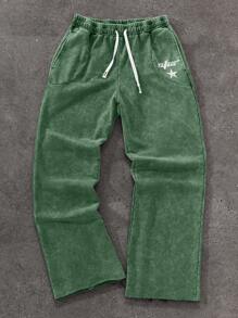 Men's Casual Sports Letter & Star Print Drawstring Waist Sweatpants (Size Runs Large) - Green - View 1