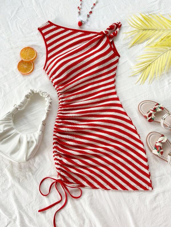 Soleia Women's Vacation Energetic Red And White Striped Asymmetrical Twisted Drawstring Side Gathered Bodycon Mini Dress, Fashionable Casual For Beach, Party