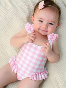 Baby Girl Cute Bow-Decorated Ruffled One-Piece Swimsuit,Light Pink Plaid Swimsuit - Baby Pink - View 1