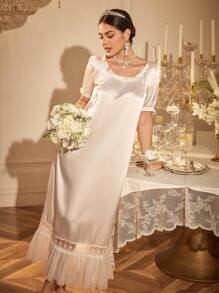SHEIN Solid Color Round Neck Satin Lace Patchwork Ruffle Hem Elegant Long Nightgown, Suitable For Wedding Season - White - View 1