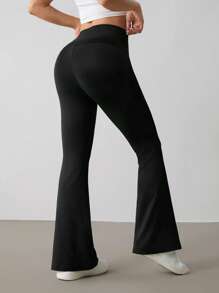 SHEIN PETITE 女式简约纯色宽腰喇叭裤 - 黑色 - 查看 2