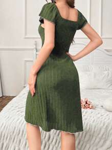 Snug Zone Solid Color Casual Lace Collar Bow Decor Women Nightgown Babydoll Bowknot - Army Green - View 2