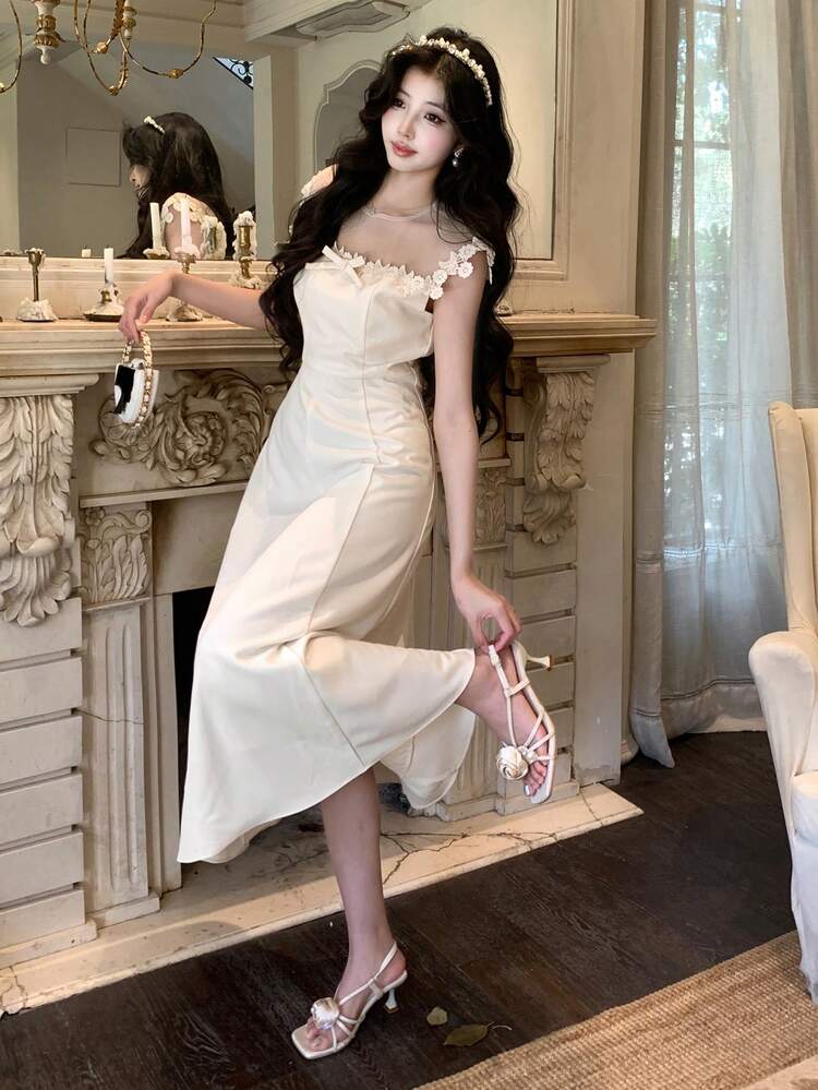 Patchwork Round Neck Sleeveless Long Dress For Women, Milkmaid Dress, Ruffle Dress