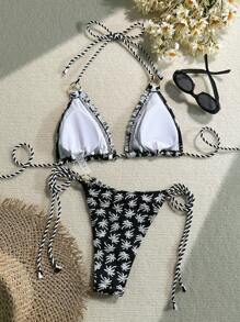 SHEIN Black & White Palm Tree Texture Fabric Halter Neck Triangle Bikini Set, Side Tie, Ruffle Trim, Casual Beach Vacation Resort Versatile Summer Swimwear, Suitable For Cruise, Swimming Pool Party - Black - View 4