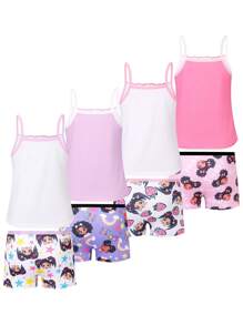 8pcs/Set Young Girl Black Ruffle Trim Camisole & Shorts Set, Casual & Simple Fashion Soft Printed Underwear - Multicolor - View 2