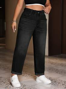 SHEIN ICON Plus Size Cat Whiskers Everyday Women Jeans - Black - View 5