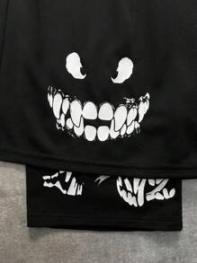 SHEIN 青少年男孩宽松休闲印花两件套短裤 - 黑色 - 查看 4