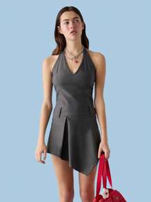 COUREZ Halter Neck Asymmetric Dress Y2K Vintage - Coffee - View 3
