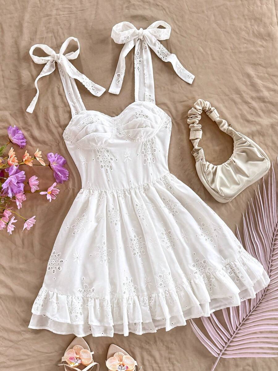 SHEIN WYWH Váy mini bó sát viền bèo nhún buộc dây xuân/hè mới - trắng - Xem 1