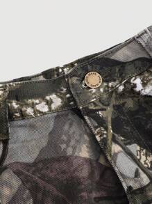 SHEIN Teen Girl Y2K Tree Branch Print Low Waist Stretch Casual Denim Shorts With Raw Hem, Summer Brunch Graduation,Vacation Beach Boho Casual Streetwear,Summer Concert/Rave Festival - Army Green - View 4