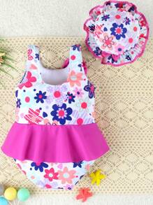 Baby Girl Floral Print Hooded One-Piece Swimsuit, Summer Holiday - Multicolor - View 2