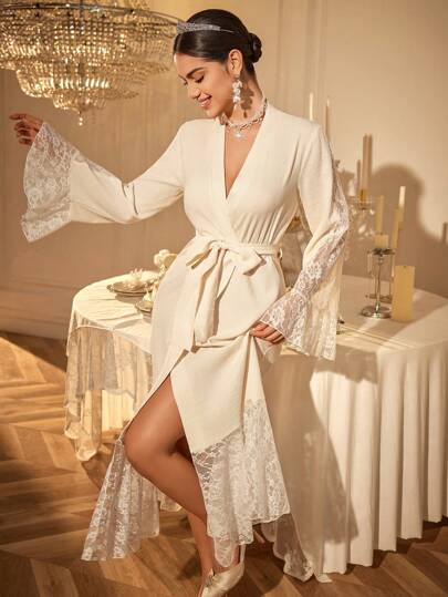 SHEIN 女士撞色蕾丝拼布纯色长袖长袍