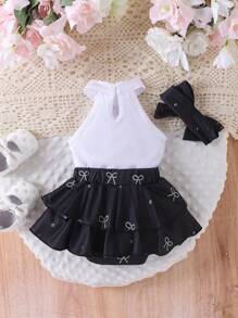 Souflis Souflis Baby Girl Bow Print Halter Top And Multi-Ruffle Edge Skort Fashion Set - Black - View 2