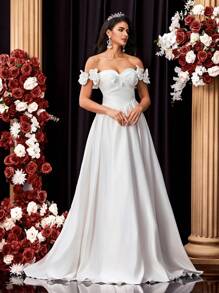 Glamrae Elegant White Satin Off The Shoulder Ruched Front Floral Decor Adjustable Tie Back Maxi Ballroom Dress With Dramatic Tail Train, Wedding Dress, Bride