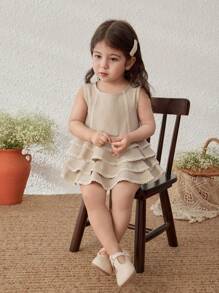 Blossori Baby Mädchen elegantes Set aus Khaki Rüschen-Dekor Top und Shorts, Frühling/Sommer - Khaki - Übersicht 7