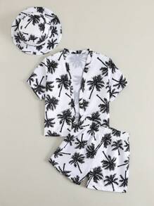 SHEIN Playful Pals Baby Boy Swimsuit Set - Coconut Tree Printed, Woven Fabric Swimsuit With Hat - Black and White - View 4