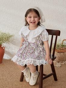 Blossori Baby Girls Elegant Ruffled Collar Blouse & Ditsy Floral Suspender Skirt 2 Pieces Sets, Spring/Summer - Multicolor - View 3