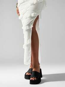MISSGUIDED Contemporary Tiered Ruffle Midi Skirt Elegant Evening Party Wedding Guest Special Occasion Spring Summer Vacation Beach Club Festival Holiday Side Slit Flowy - White - View 5