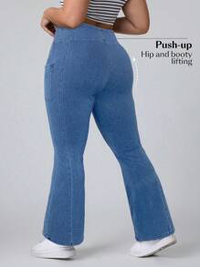 SHEIN Essnce Plus Size Casual Washed High Waist Slim Flare Leg Jeans - Light Wash - View 2