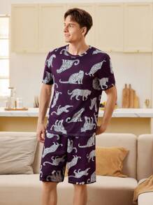 CoupledUp 2pcs Men Leopard Print Short Sleeve T-Shirt And Shorts Pajama Set