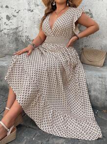 SHEIN Holidaya Plus Size Women Deep V-Neck Drawstring Waist Full Print Vacation Dress