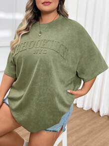 SHEIN CURVE+ Plus Size Vintage Distressed 3D Letter Graphic Loose T-Shirt, Curve Plus, Boho Vacation - Green - View 6
