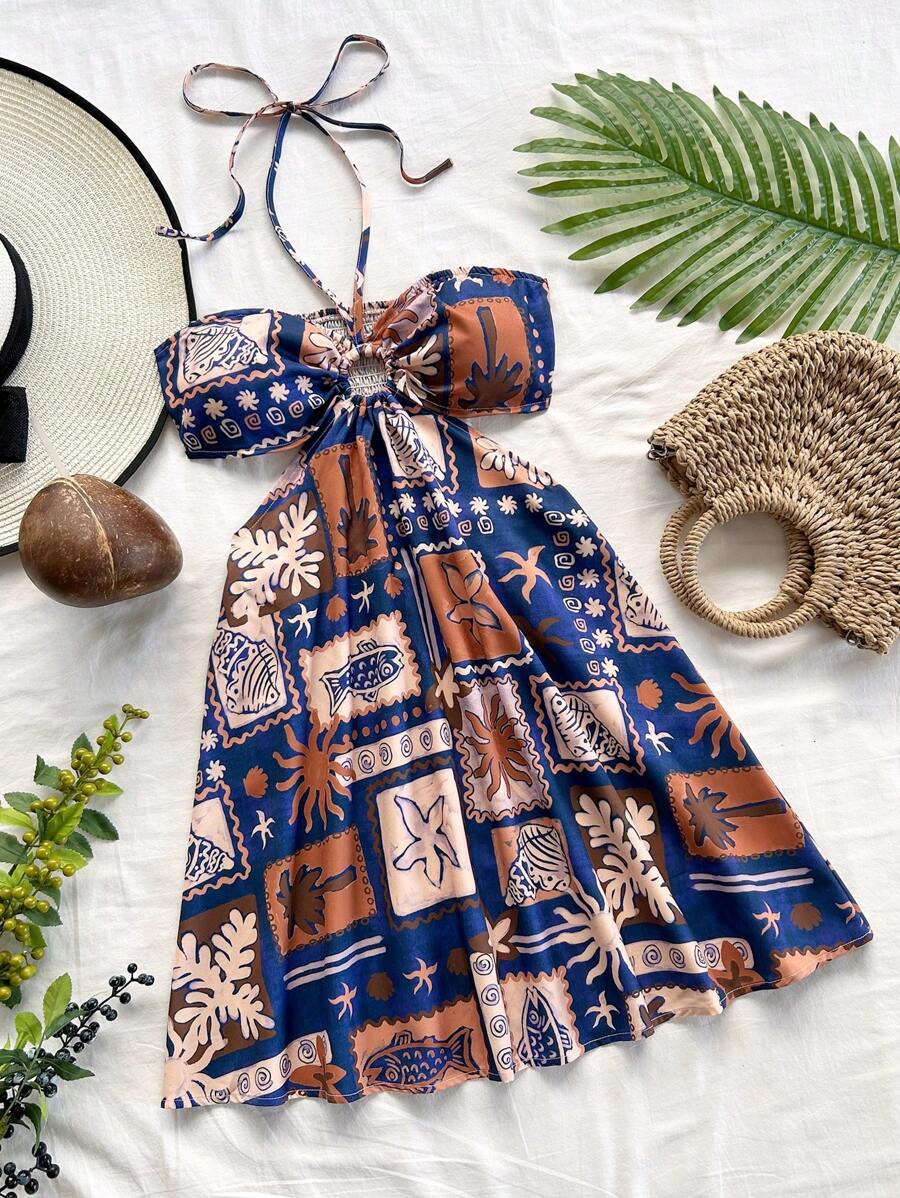 Soleia Cruise Festival, Easter, Valentine's Day Date Vintage Island & Seaside Graphic Print Halter Drawstring Hollow Waist Romantic Casual Vacation Summer Dress For Women - Multicolor - View 1