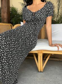 Sunnyshic 女士碎花心形领长裙，夏季 - 黑色 - 查看 5