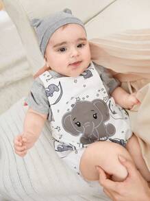 SHEIN Summer Newborn Male Baby Gray Pit Stripe Round Neck Short Sleeved Top Paired With Cute Cartoon Elephant Embroidery Pattern Shoulder Strap Jumpsuit Two Pieces Set - Multicolor - View 5