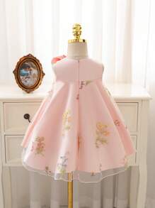 Glamorique Kids Flower Girl Children Girls Princess Dress, Satin Material Sleeveless Fresh Pink, Big Bow Front & Embroidered Butterfly Branch Hem, Suitable For Wedding, Birthday, Party & Special Occasion Baby Girls Dresses Party Dress Fashion Elegant Toddler Girls Baby Girls Party Dresses