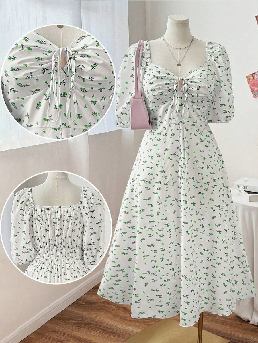Flirla Plus Size Rhinestone Square Neck Tie Waist Vacation Elegant Cute Date Meeting Party Dress For Women - Green - View 1