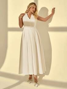 Auralis Plus Size Women's Solid Color Button V-Neck Sleeveless Pleated Elegant Dress