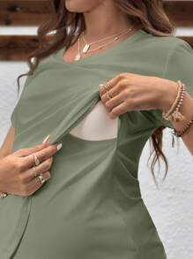 SHEIN Solid Color Round Neck Short Sleeve Maternity & Nursing Top