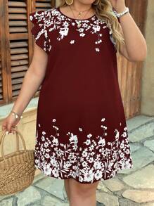 SHEIN VCAY Plus Size Casual Summer Floral Print Ruffle Trim Loose Dress Plus Size Christmas - Burgundy - View 5