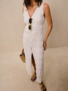 Poéselle Solid Color Bubble Texture Sleeveless Maxi Dress, Vacation & Casual - White - View 5