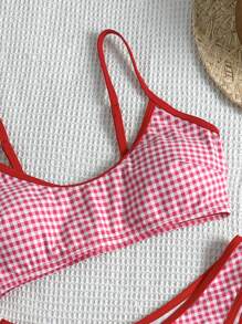 Swim Mod 2pcs Women Checkered/Random Print Spaghetti Strap High Cut Cute Bikini Set, Summer - Red and White - View 3