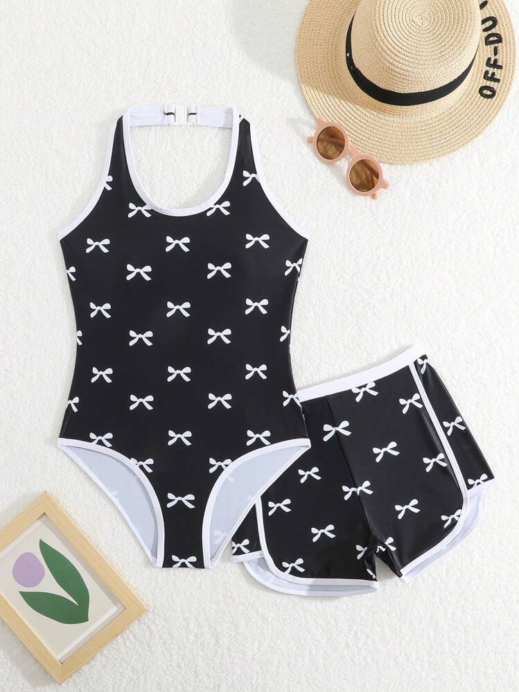 SHEIN 1 pieza Traje de baño de una pieza para niña preadolescente, 2 piezas Conjunto de traje de baño estampado - Multicolor - Añade 1