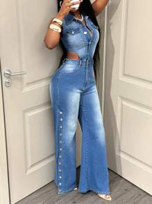 BamGleam 无袖牛仔连体裤，新款夏季时尚简约镂空美式阔腿宽松长款连体裤 - 藍色 - 查看 3