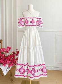 SHEIN VCAY Women's Floral Print Elegant Off Shoulder Dress For Holiday,Summer Dresses For Women,Vacation Style - Hot Pink - View 5