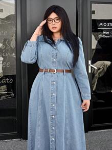 SHEIN EZwear Plus Size Casual Washed Snap Front Puff Sleeve Denim Dress - Light Wash - View 3